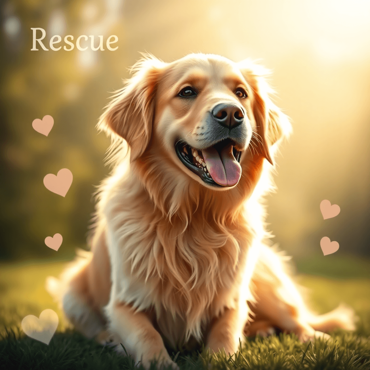 A joyful golden retriever sitting outdoors in sunlight, surrounded by soft rays and subtle heart shapes, symbolizing love and hope.