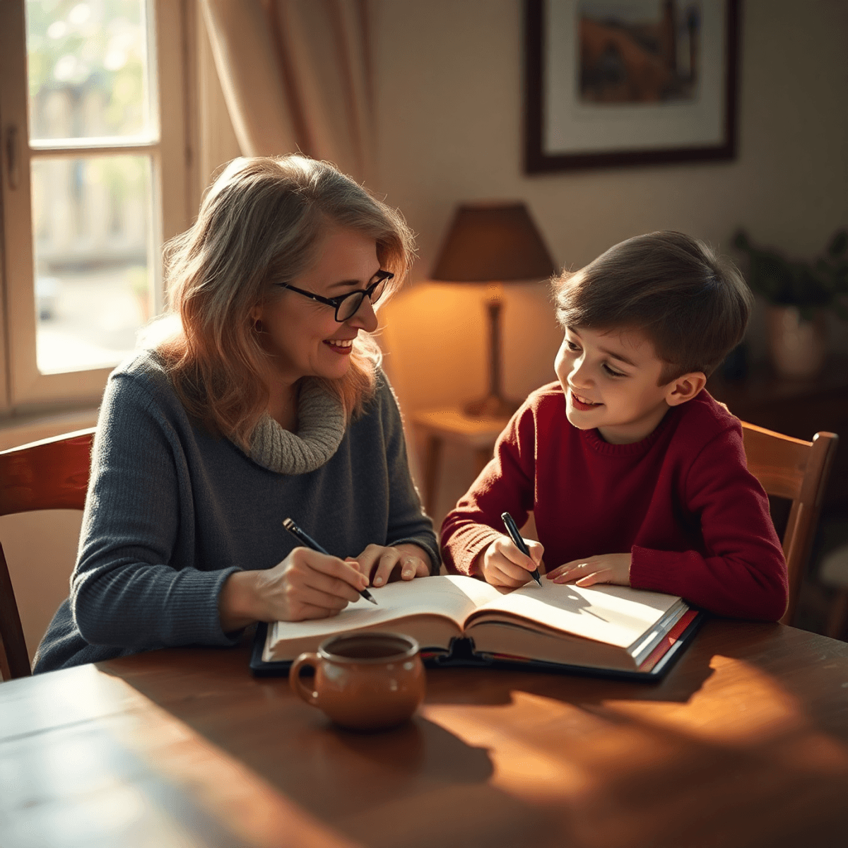 A mother and adult child sit at a cozy table, sharing a heartfelt conversation while writing in a journal, bathed in soft natural light.
