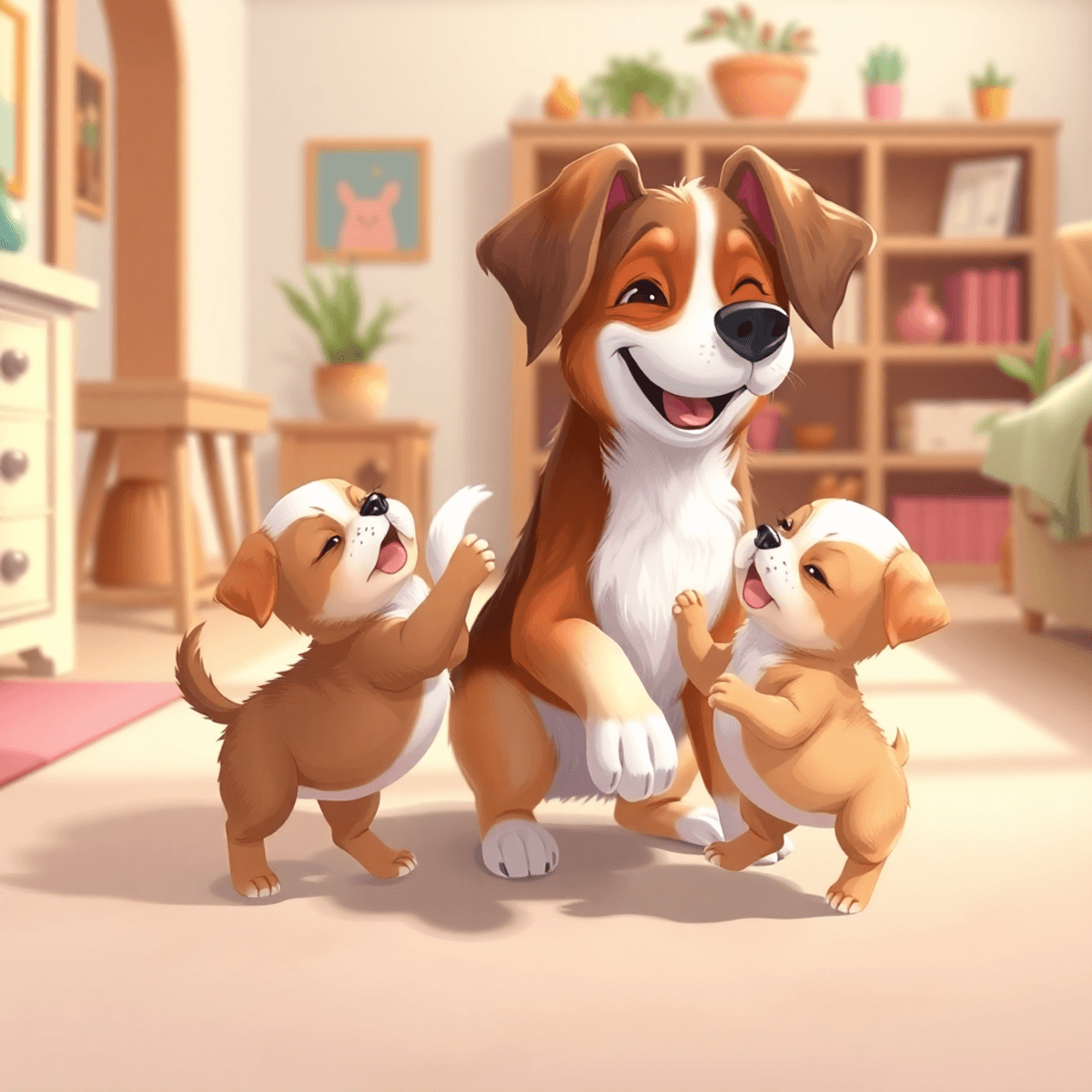 A mother dog joyfully playing and dancing with two puppies in a bright, colorful home, capturing warmth and family bond.