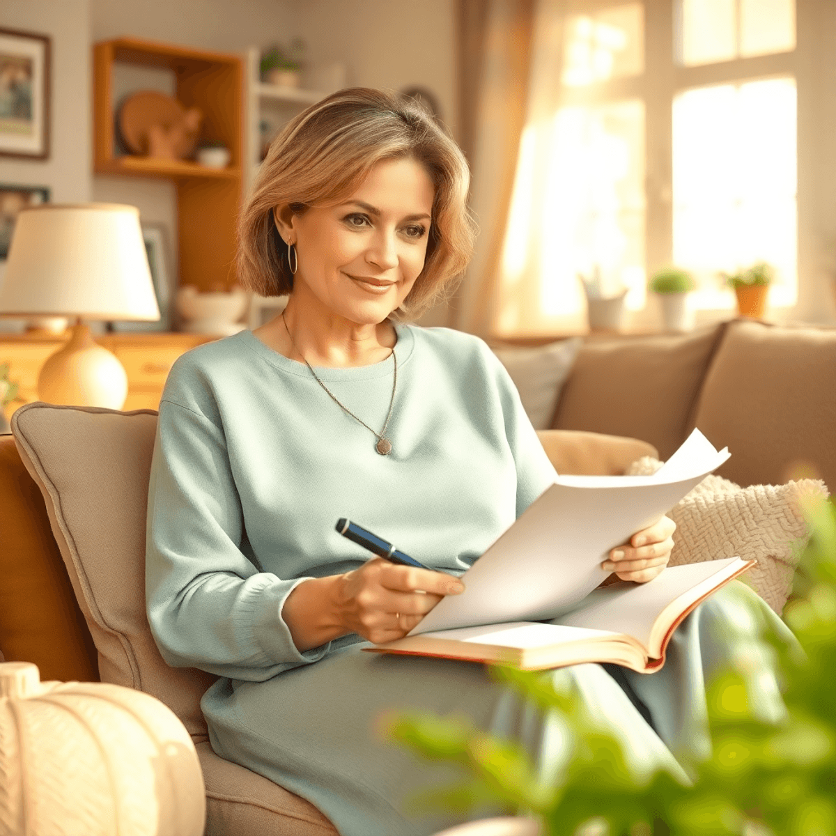 A mother sitting comfortably with a journal and pen, surrounded by soft natural light and cozy home elements, reflecting and preserving personal me...