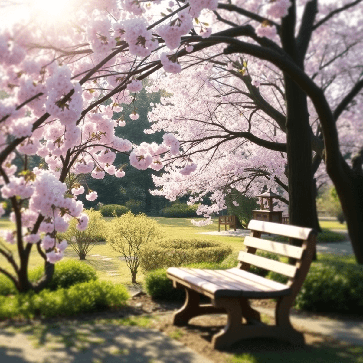 A peaceful Japanese garden with blooming cherry blossoms, a wooden bench, and soft sunlight filtering through trees.