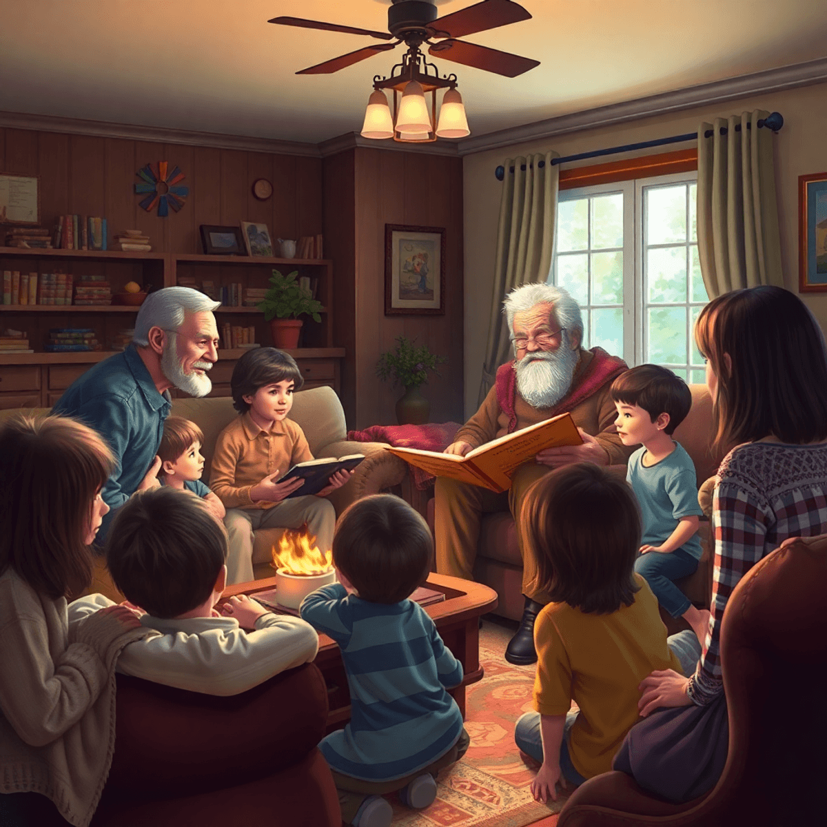 Cozy family living room with a grandfather storytelling to attentive children and adults, capturing warmth and the passing of family heritage.