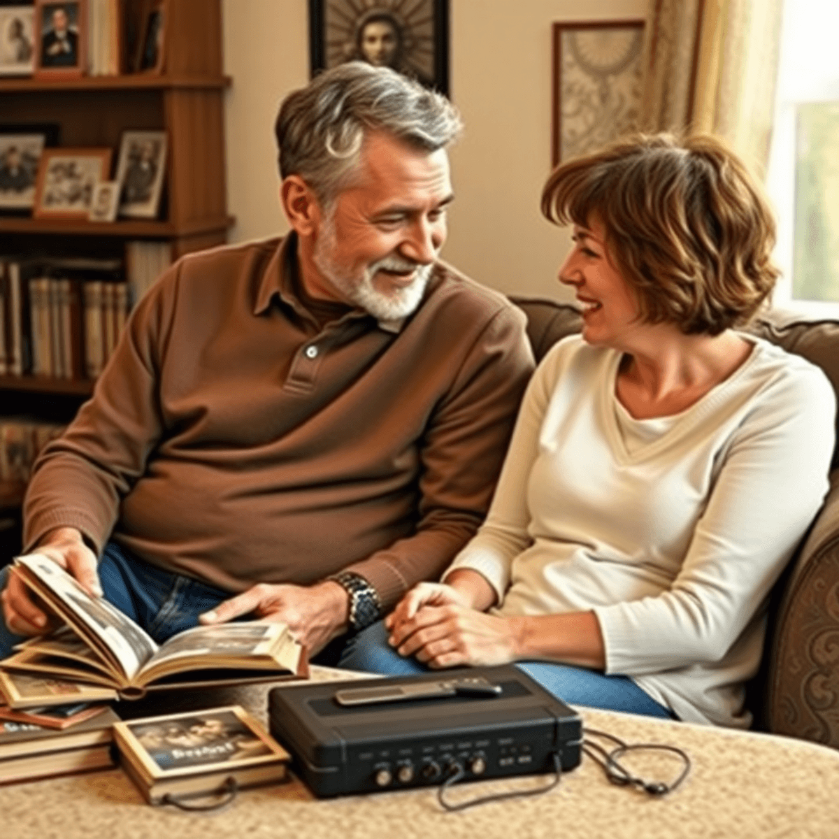 Father and adult child sit together, surrounded by photo albums and a vintage tape recorder, sharing a heartfelt conversation in a cozy family sett...