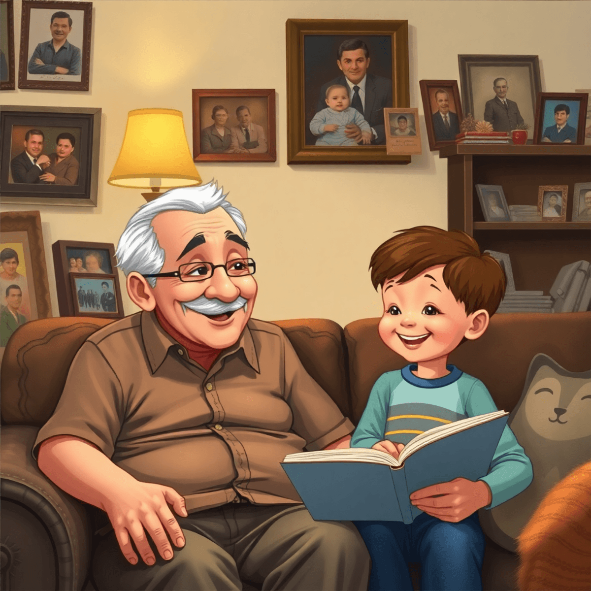 Grandfather and grandchild share stories in a cozy living room filled with old family photos and memorabilia, both smiling warmly.