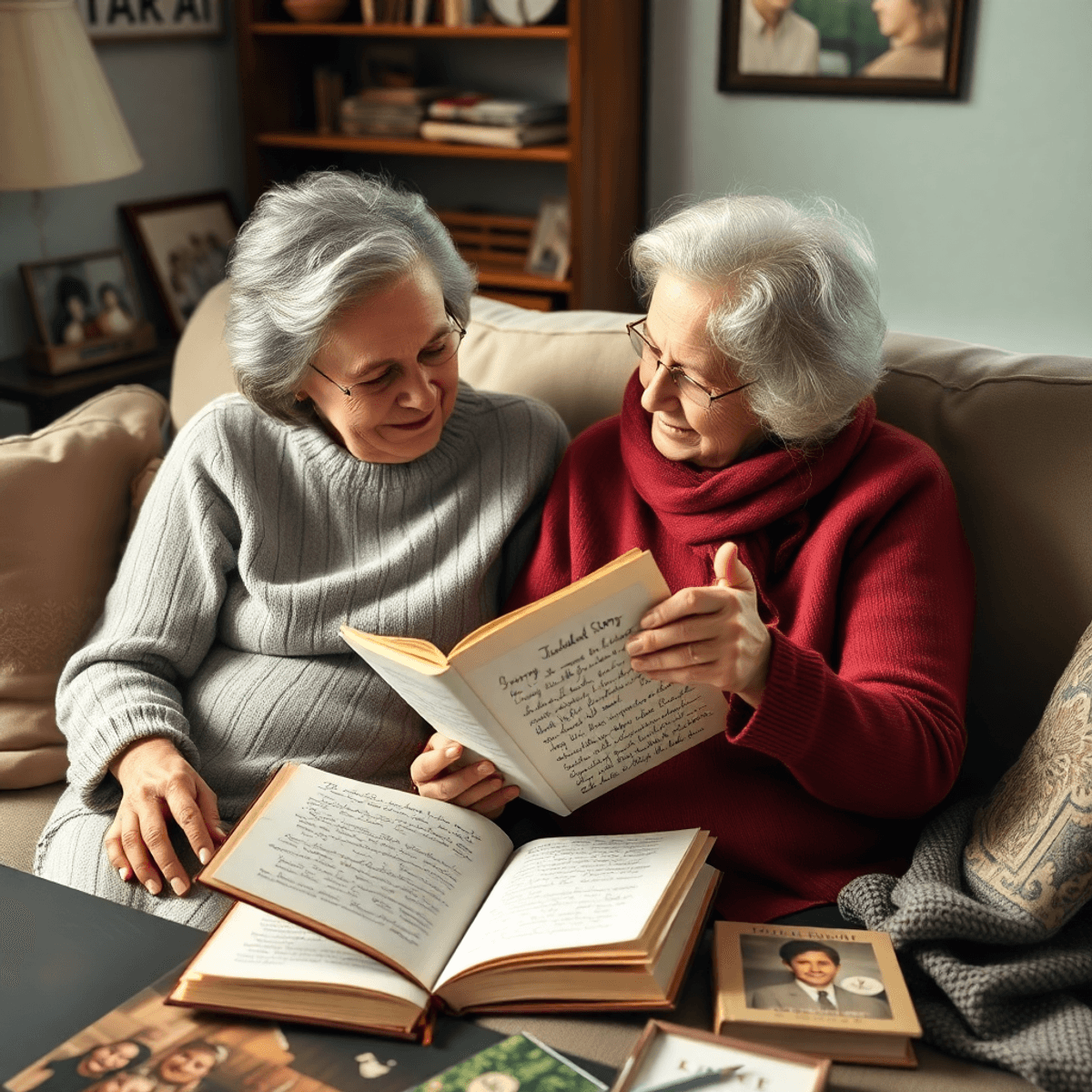 Grandmother and granddaughter sitting on a sofa, sharing a handwritten journal, surrounded by family photos and memorabilia in a warm, cozy setting.