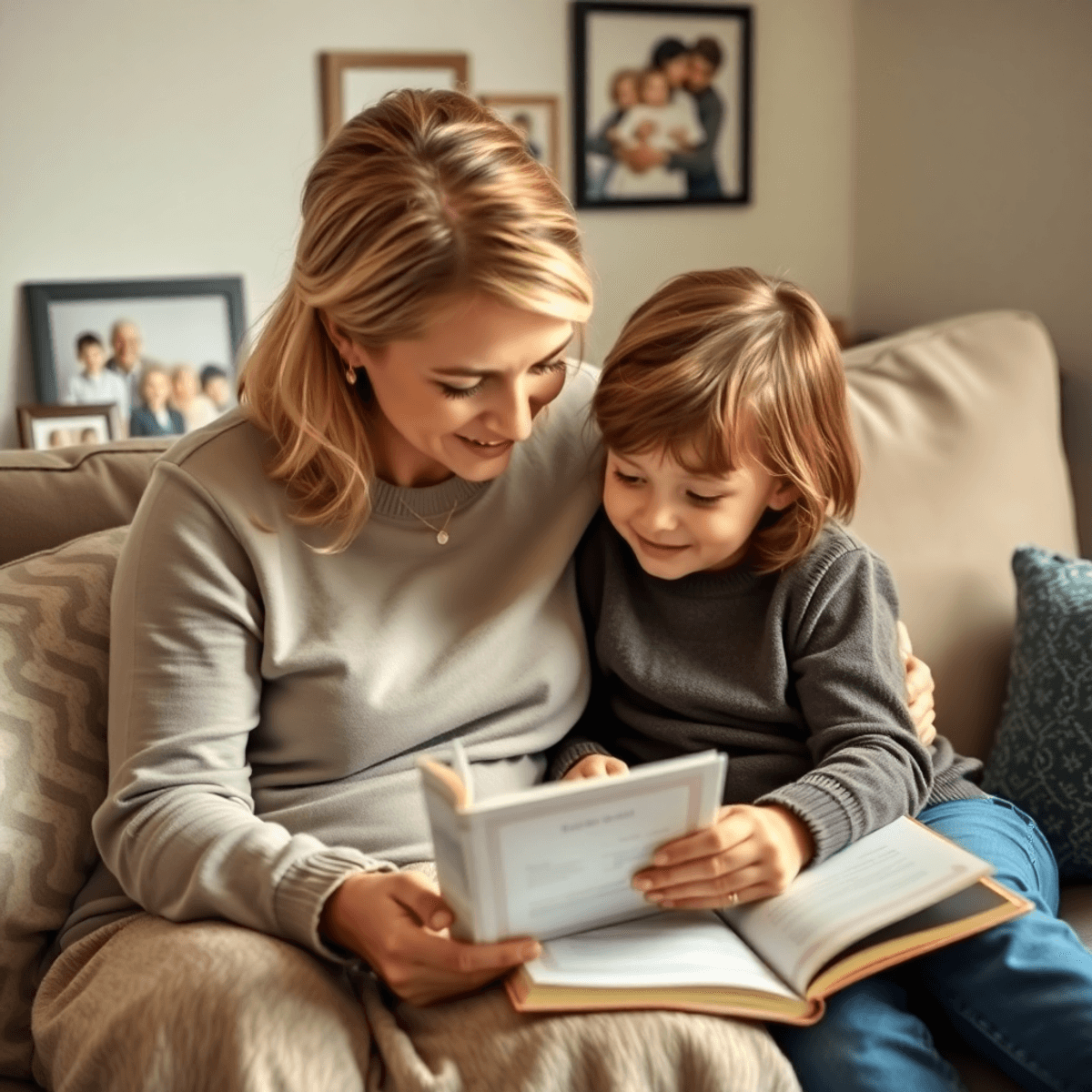 Mother and child sitting on a cozy couch, sharing a moment while looking through a guided journal, with soft lighting and family photos in the back...