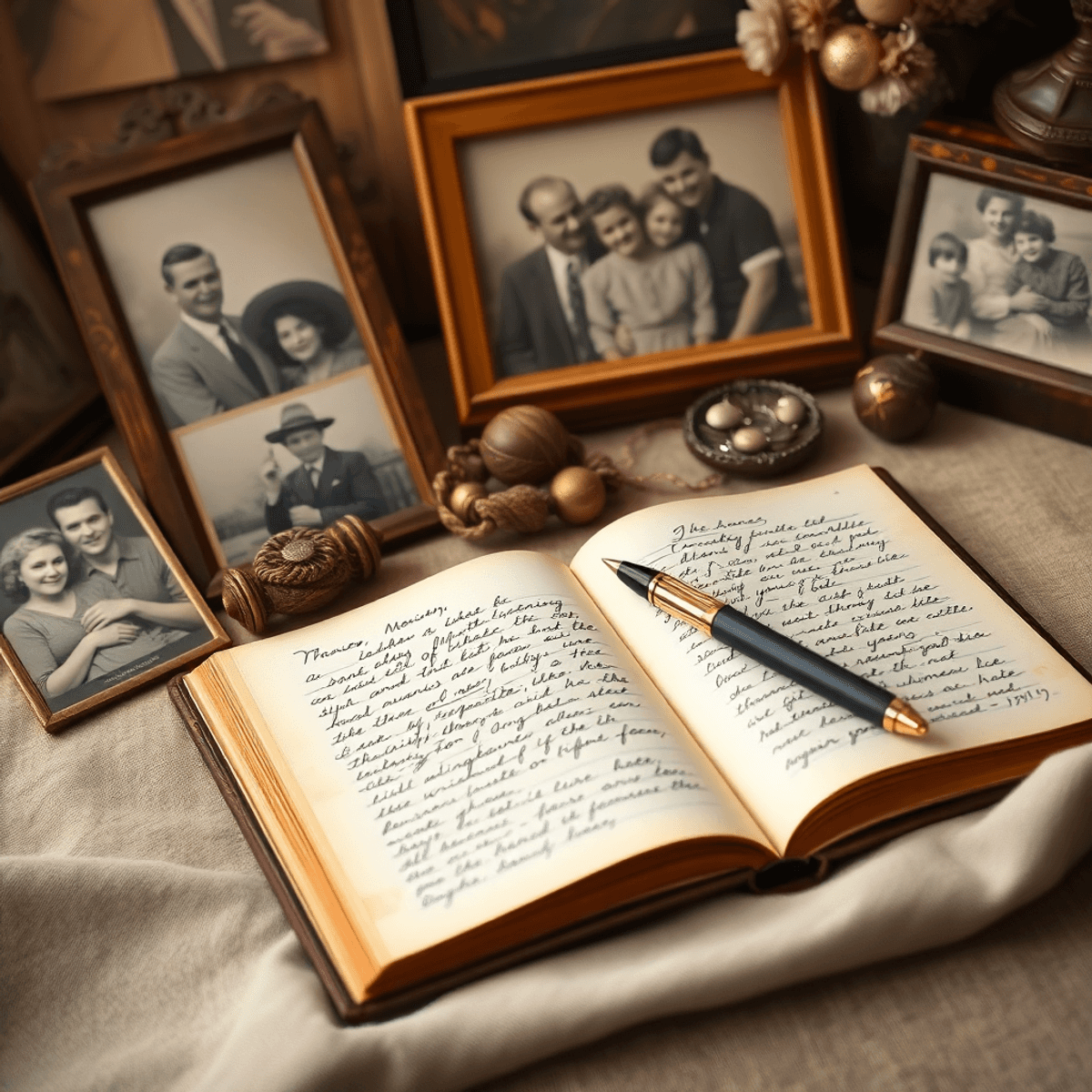 Open journal with handwritten notes and pen, surrounded by family photos and keepsakes, evoking warmth and cherished memories.