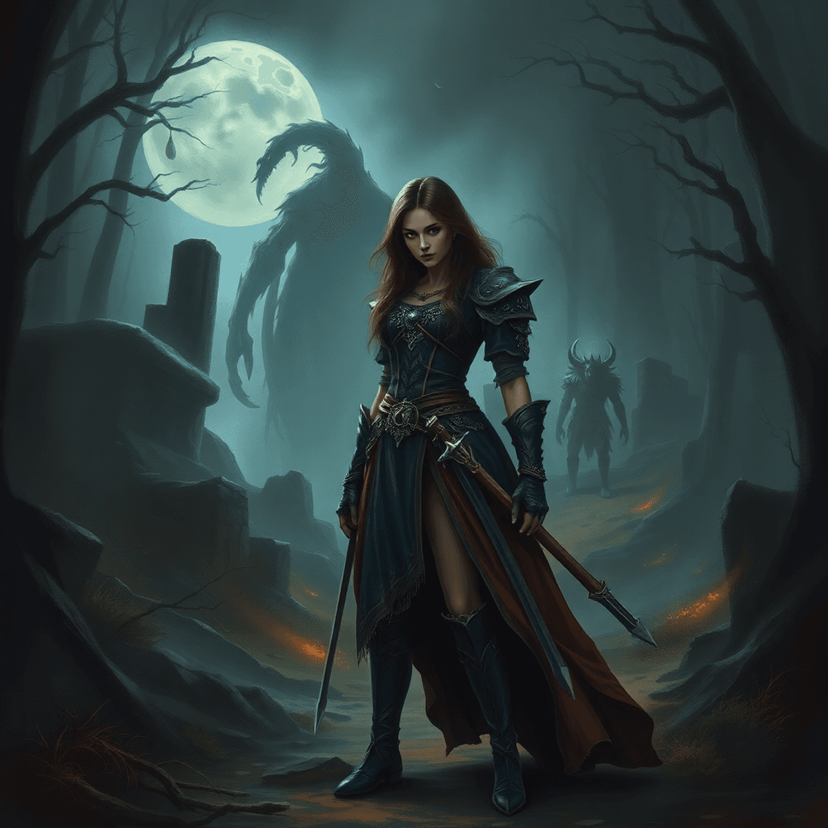 A determined princess warrior stands in a dark enchanted forest with ancient ruins and shadowy monsters lurking in the background.