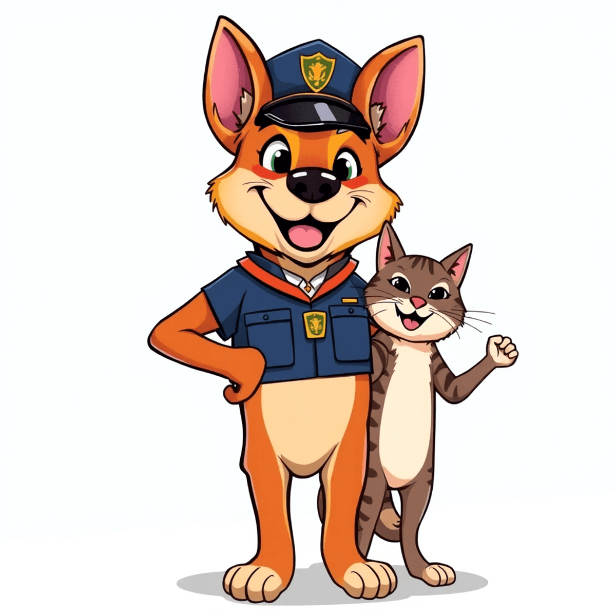 A heroic dog in police uniform stands proudly with a clever cat and an enthusiastic small clone, symbolizing teamwork in vibrant comic book style.