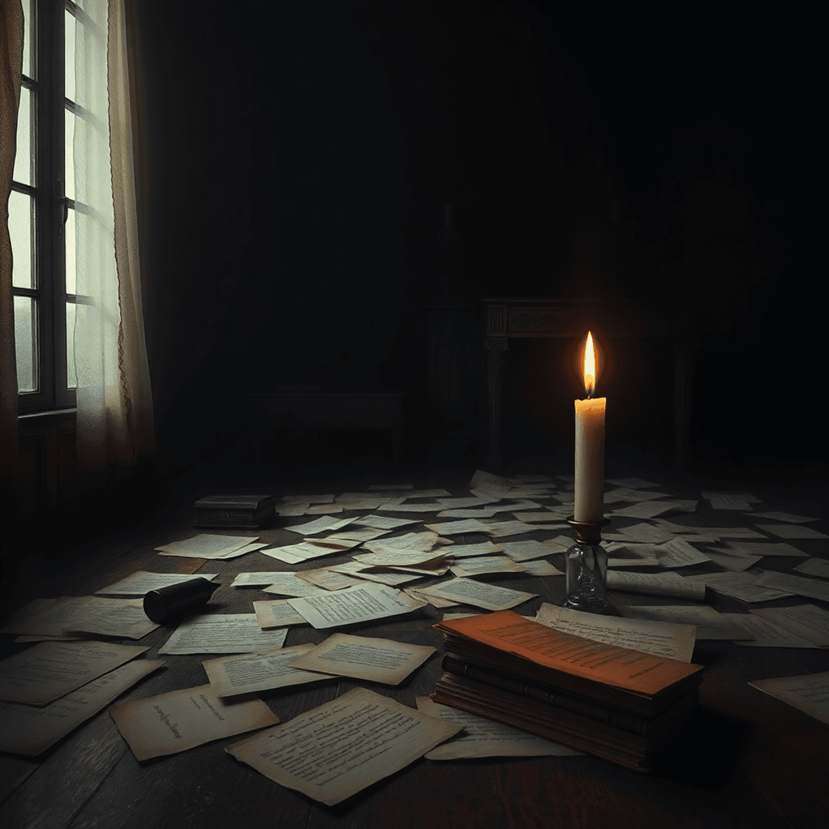 Dimly lit vintage room with scattered letters and a single burning candle, evoking moodiness and emotional turmoil.