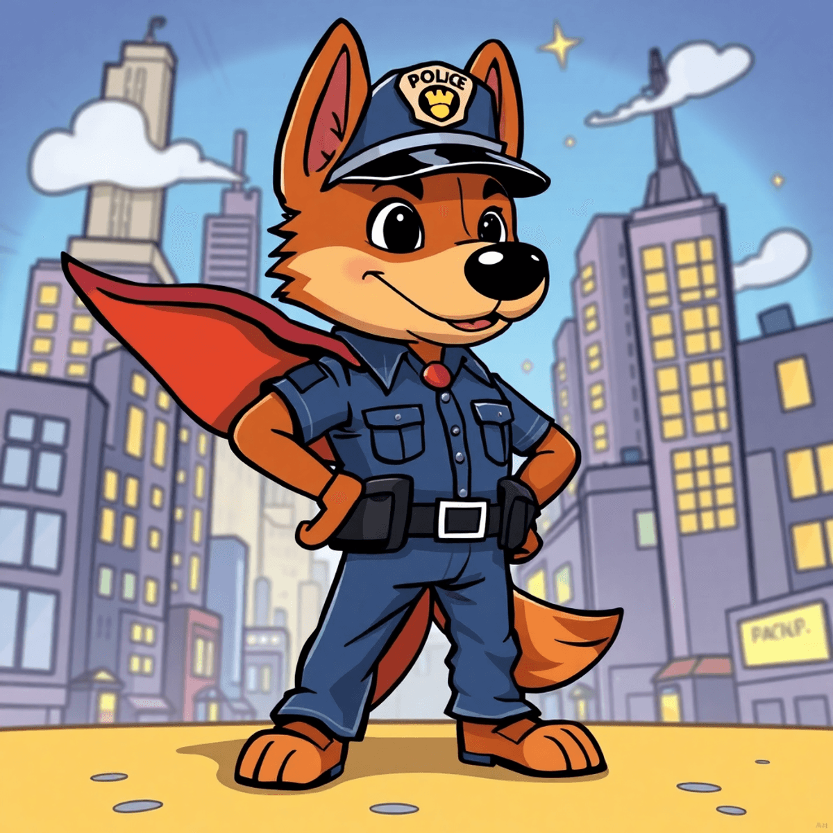 Dog Man, a heroic part-dog, part-human police officer, stands confidently against a vibrant comic book cityscape with playful, energetic elements.