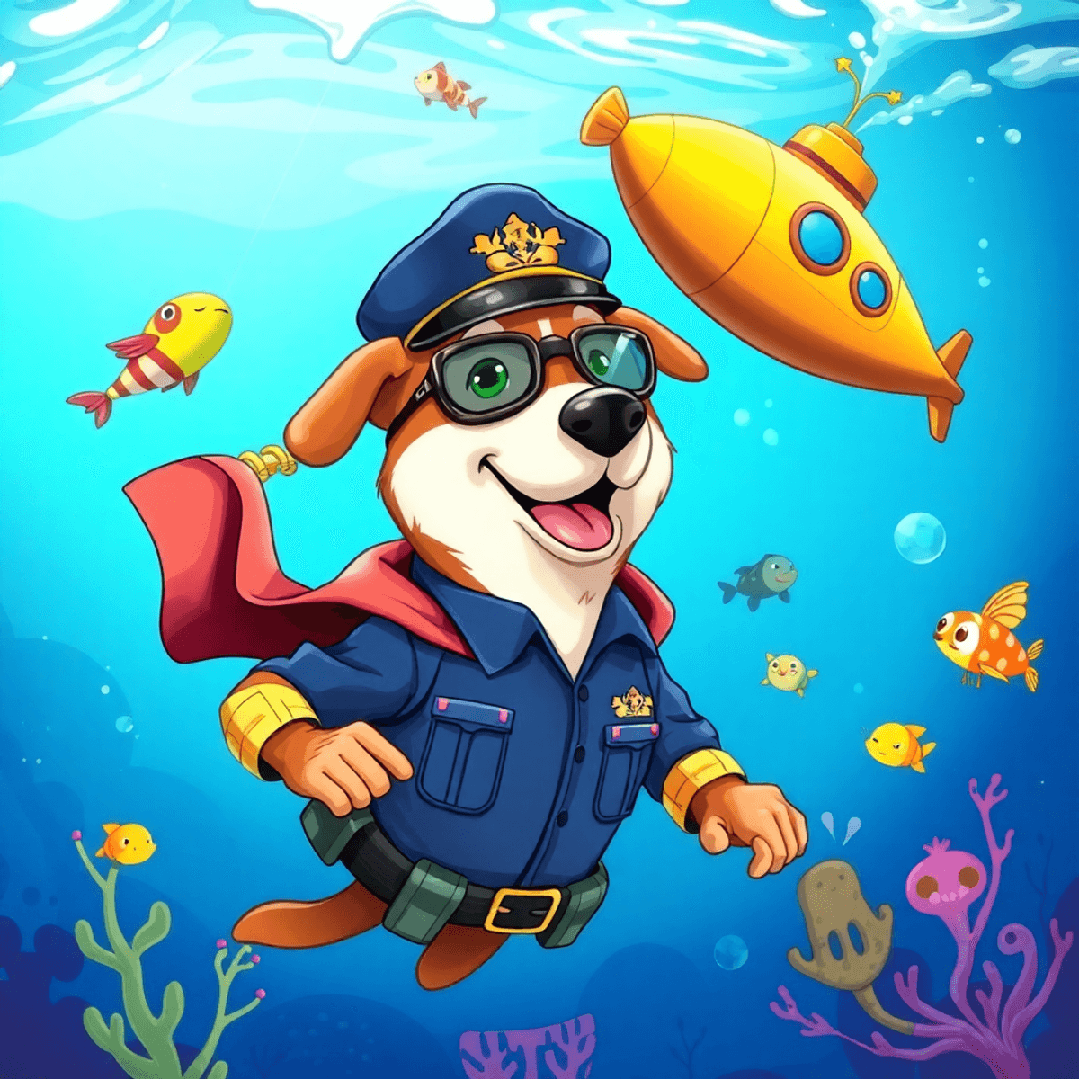Dog Man in superhero costume underwater with whimsical sea creatures and a flying submarine in a colorful, playful, realistic style.
