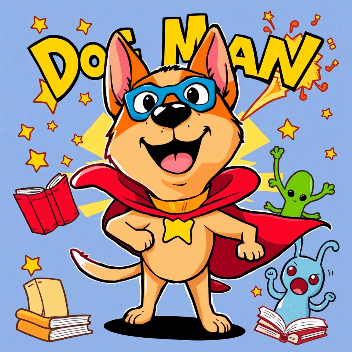 Heroic cartoon dog in cape with stars, books, and whimsical aliens in a colorful, dynamic comic-style illustration.
