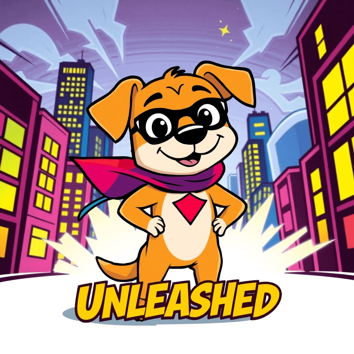 Illustration of a cartoon dog superhero in a cape standing confidently in a colorful comic cityscape with bold "Dog Man Unleashed" text.