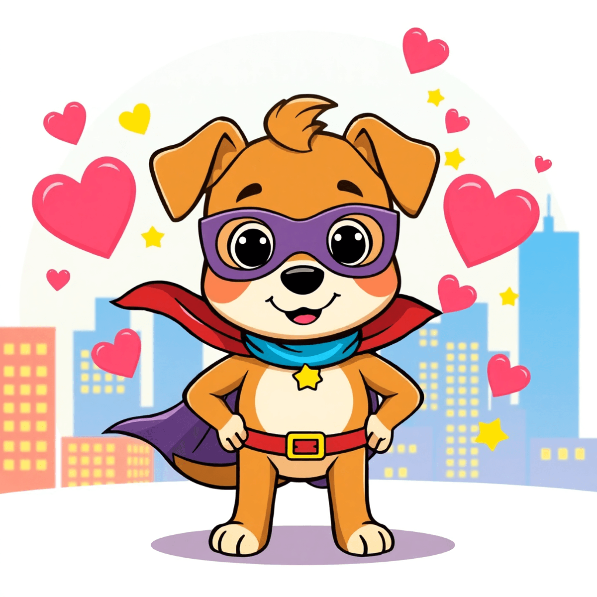 Illustration of a heroic cartoon dog in cape and mask, standing proudly with cityscape background, surrounded by hearts and stars in a playful comi...