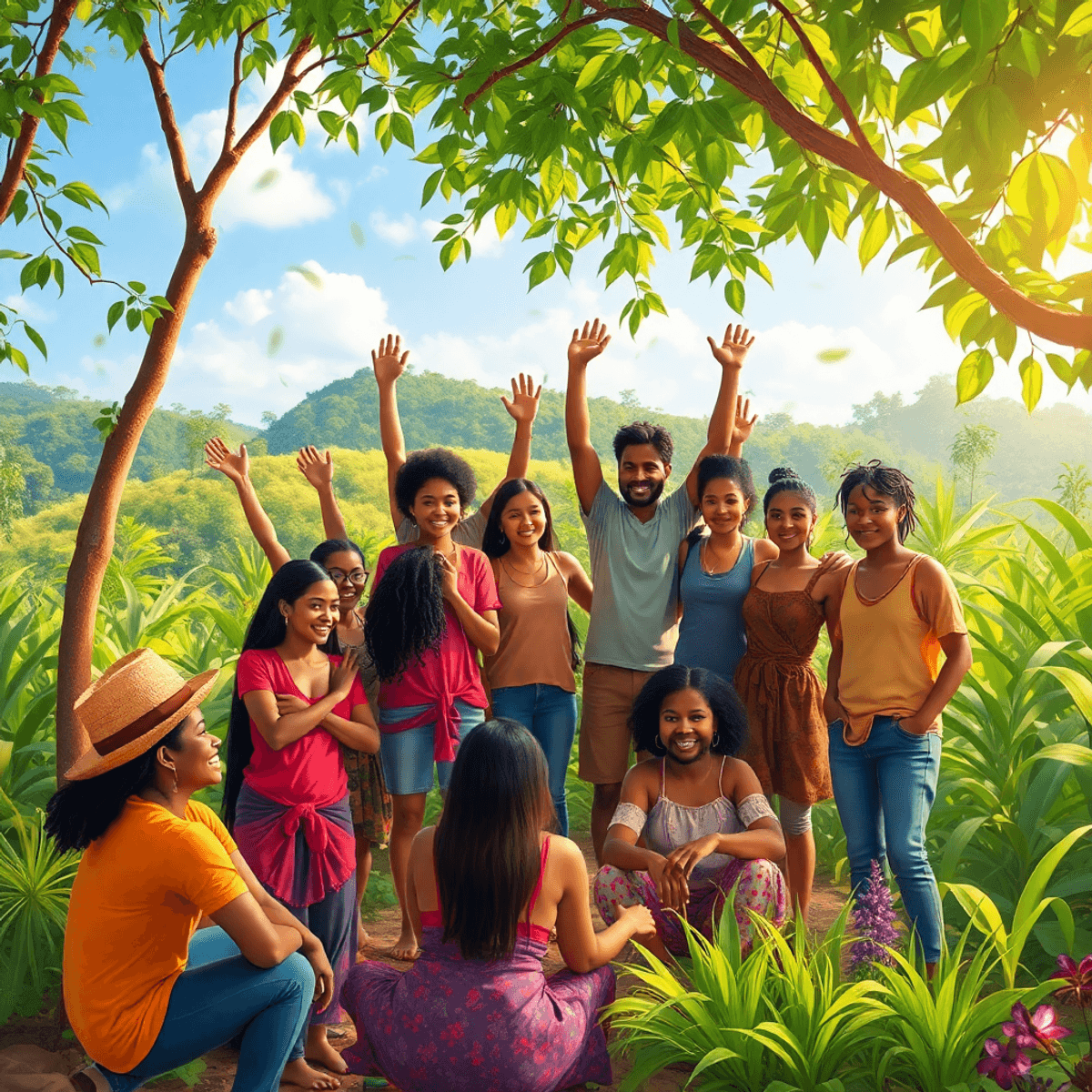 People working together in a lush, green off-grid community, surrounded by nature, symbolizing harmony, growth, and sustainability.