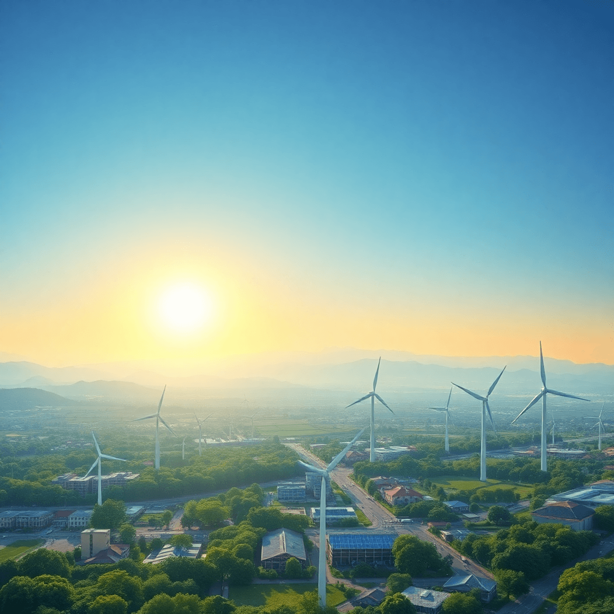 Sunrise over a vibrant city with green parks, wind turbines, and solar panels, symbolizing growth, clean energy, and a hopeful future.
