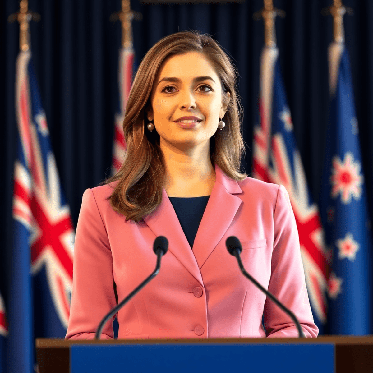 Young female political leader at podium with New Zealand flags, soft lighting highlighting warmth and inclusive leadership.