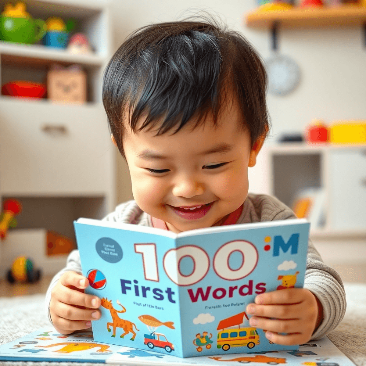 Toddler smiling while exploring a vibrant "100 First Words" board book with colorful photos of toys, food, and vehicles in a cozy home setting.