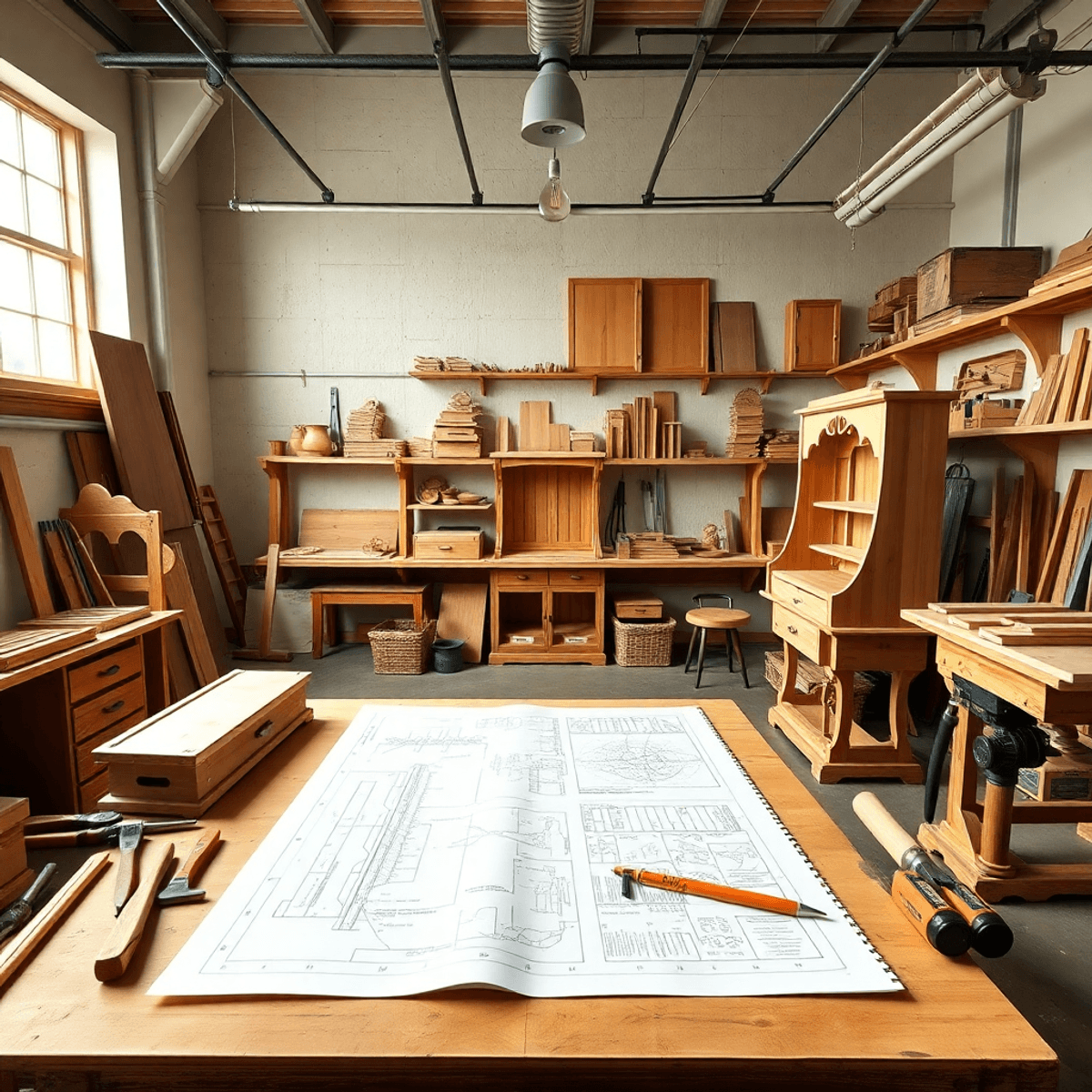 A bright woodworking workshop with organized furniture projects, detailed blueprints on a workbench, and quality tools arranged neatly, symbolizing...