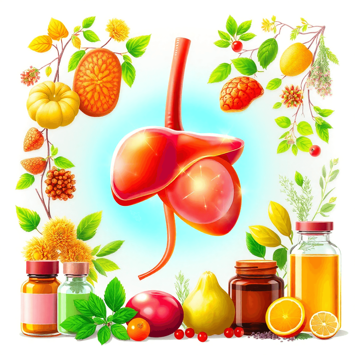 A glowing healthy liver surrounded by Mediterranean herbs and supplements on a bright background symbolizing detox and fat metabolism.