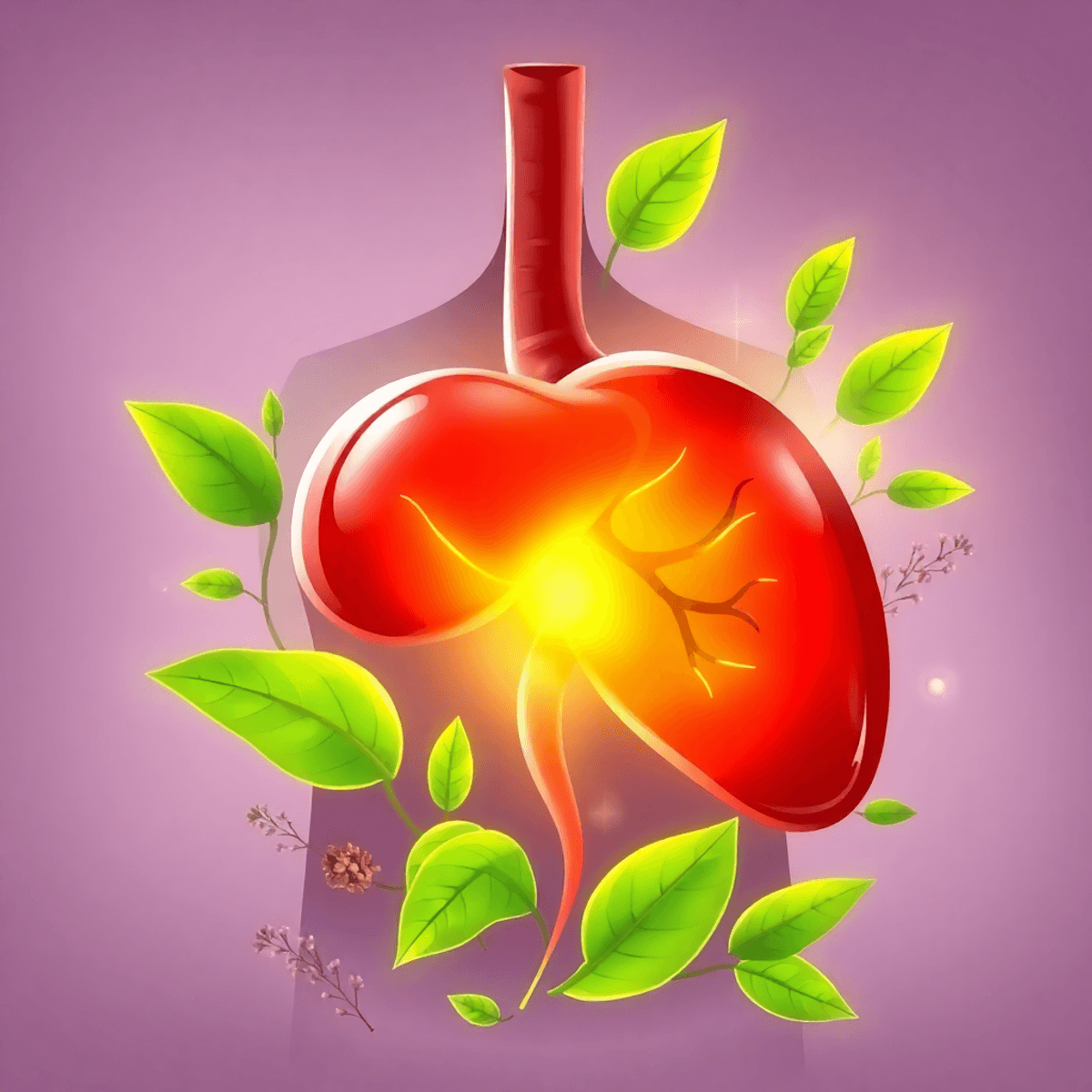 A glowing healthy liver surrounded by green leaves and herbs, symbolizing detoxification and fat burning in a realistic style.