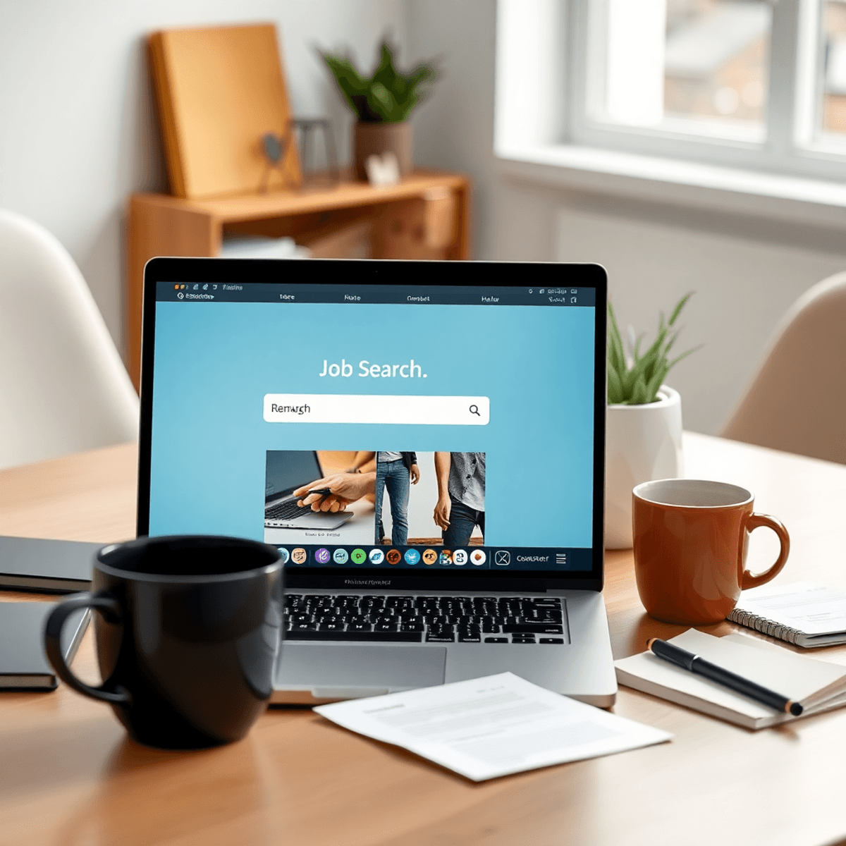 A modern home office with a laptop showing a job search site, surrounded by notes and a coffee cup, representing remote work and online job hunting.