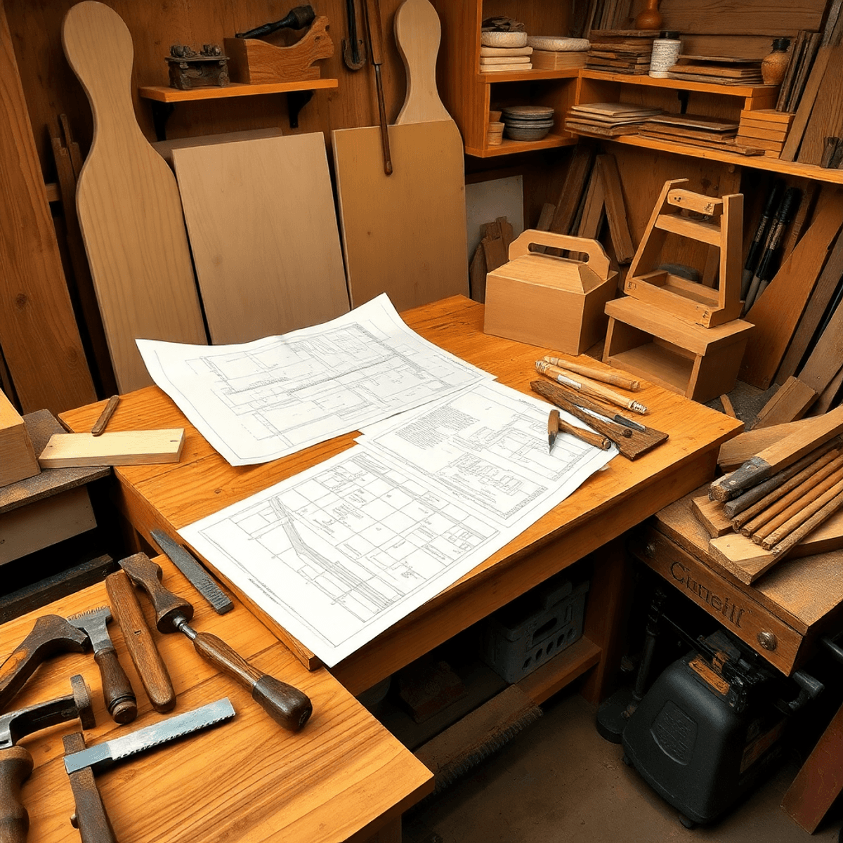 A tidy woodworking workshop with wooden projects, detailed blueprints on the workbench, and classic tools like saws and chisels neatly arranged.