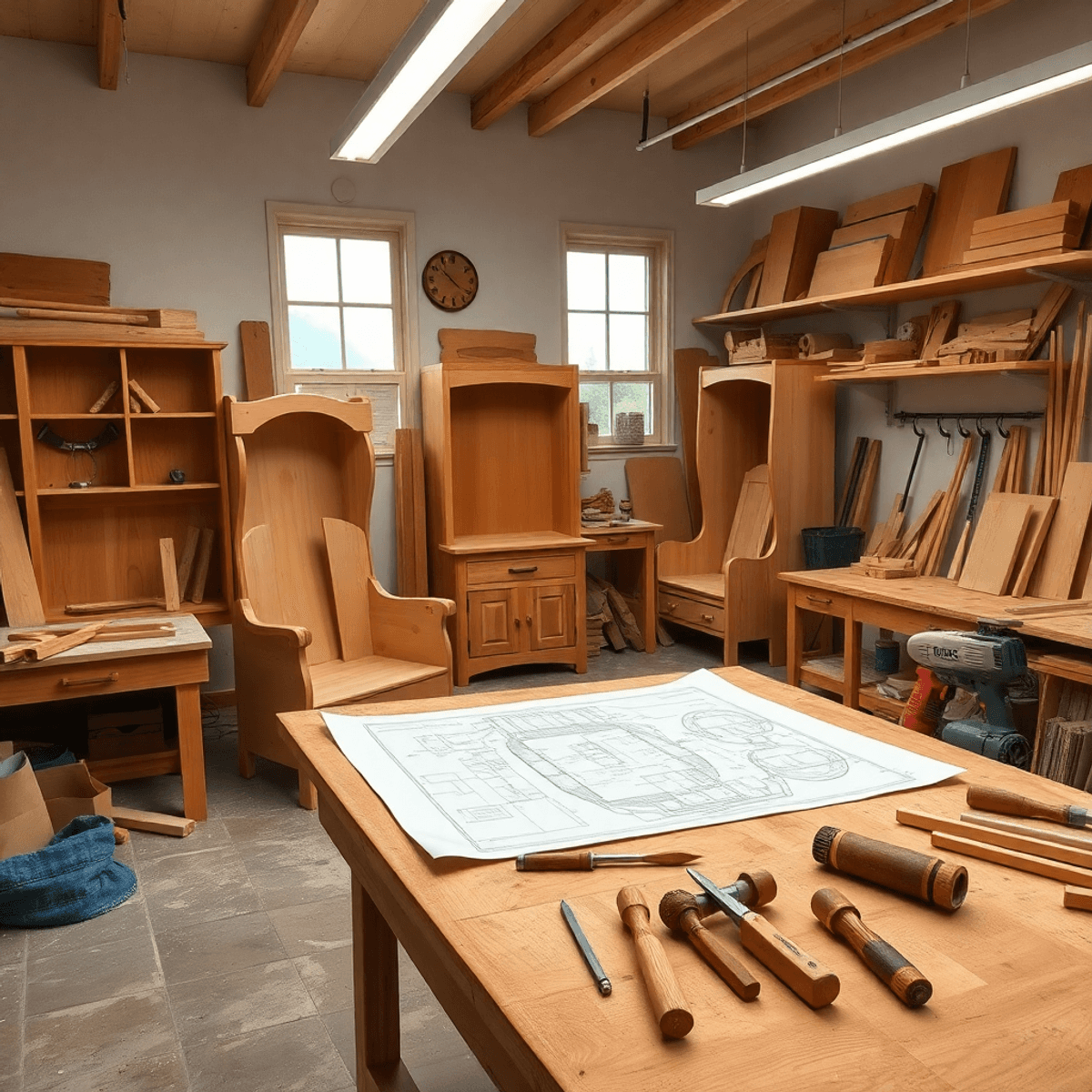 Bright woodworking workshop with wooden furniture, blueprints on a workbench, and neatly arranged saws and chisels, showcasing creativity and craft...