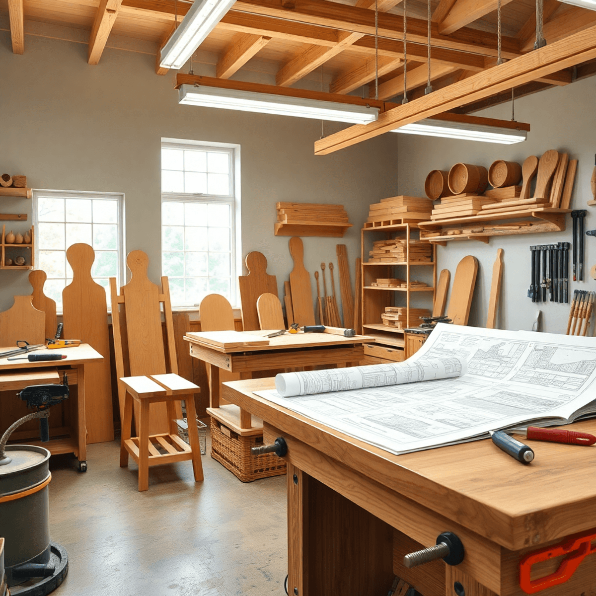 Bright woodworking workshop with wooden furniture, tools neatly arranged, and detailed plans on a workbench, showcasing creativity and craftsmanship.