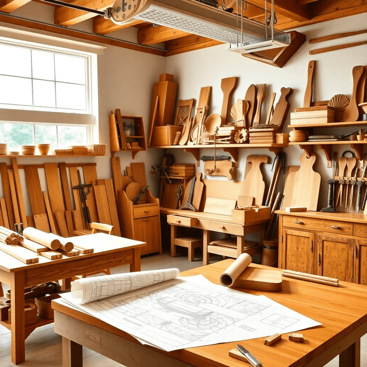 Bright woodworking workshop with wooden furniture, tools neatly arranged, and detailed plans on a workbench showcasing craftsmanship.