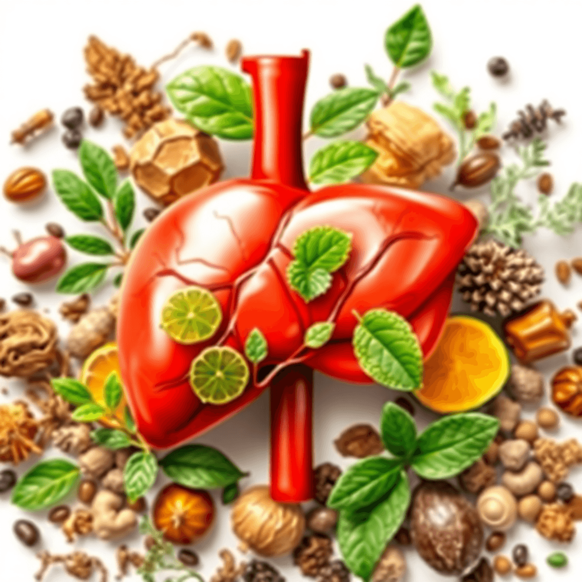 Close-up of a healthy human liver illustration surrounded by herbs and leaves, symbolizing detox and wellness on a bright, clean background.