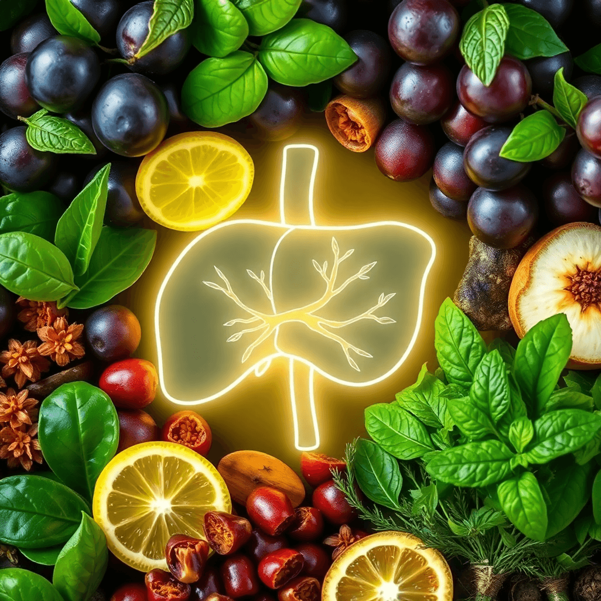 Close-up of fresh green tea leaves, grapes, and herbs surrounding a glowing liver illustration symbolizing detox and fat-burning benefits.