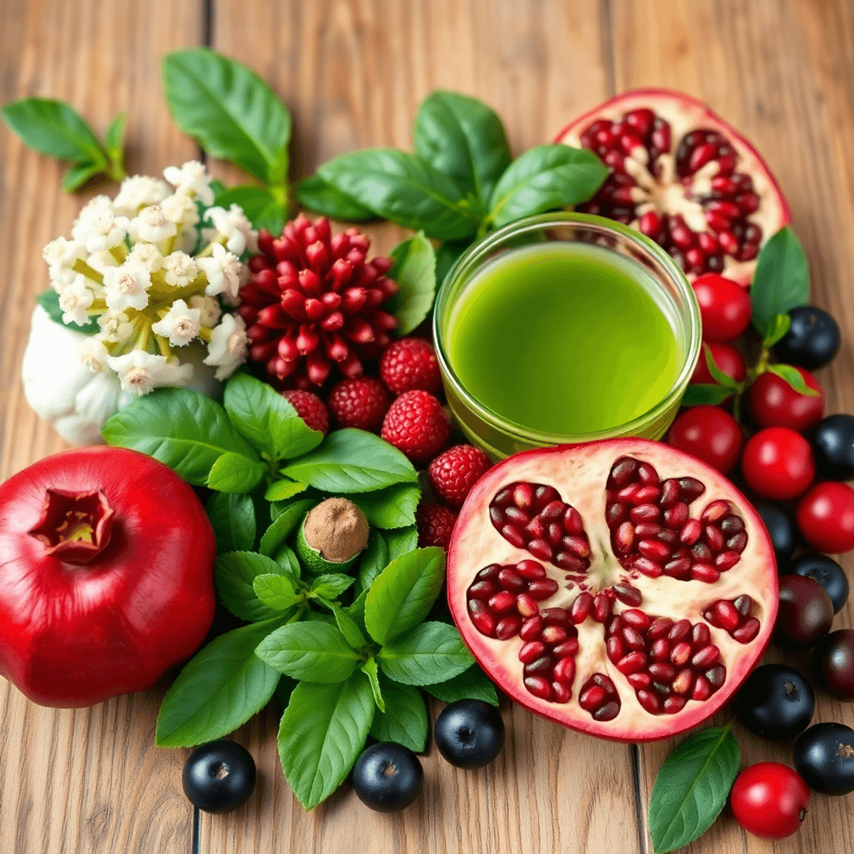 Close-up of fresh milk thistle, green tea leaves, pomegranate, and berries on wood, representing natural liver health and detox supplements.