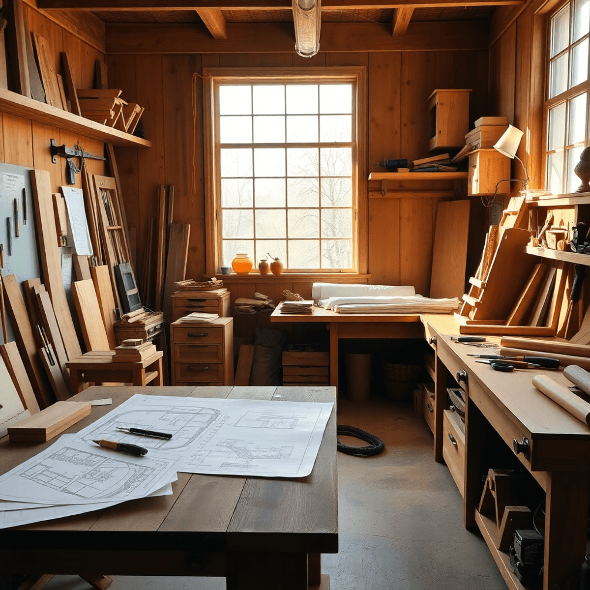 Cozy woodworking workshop with wooden furniture, scattered blueprints, tools on a workbench, and warm natural light highlighting detailed project p...