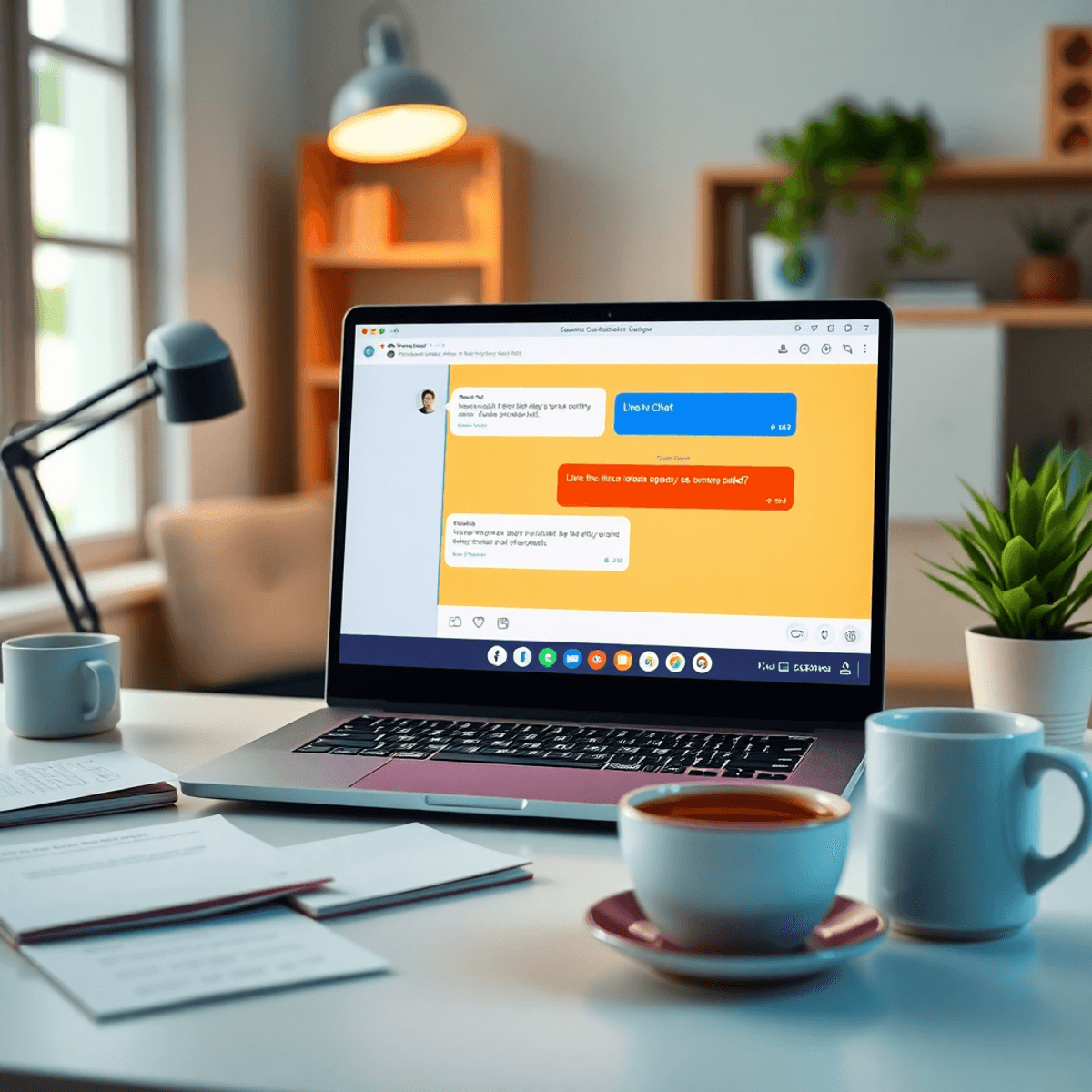Home office with laptop showing live chat, notes scattered around, and a coffee cup, representing remote work and online customer support.