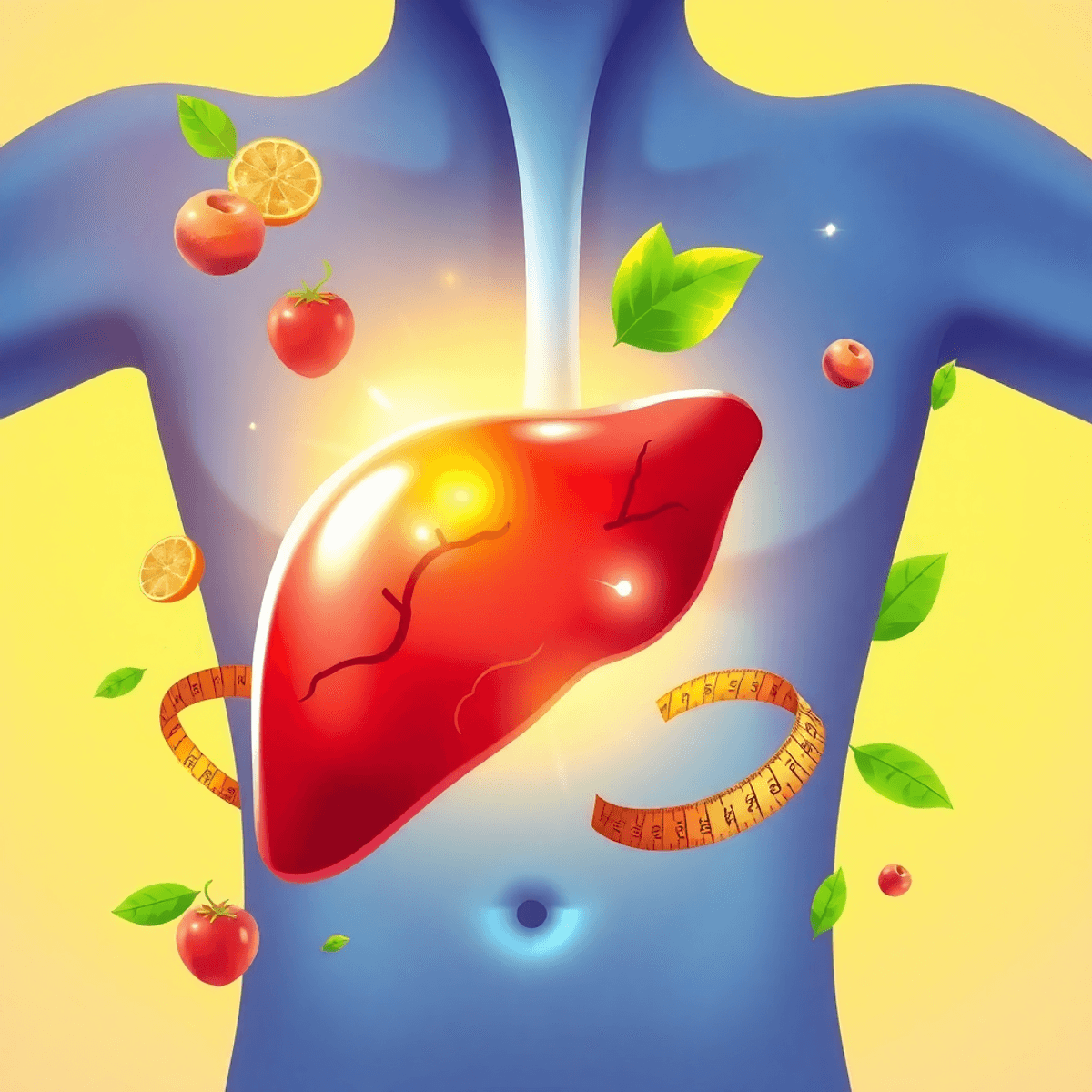 Illustration of a glowing healthy liver surrounded by measuring tape, fruits, and green leaves on a bright background symbolizing vitality and deto...