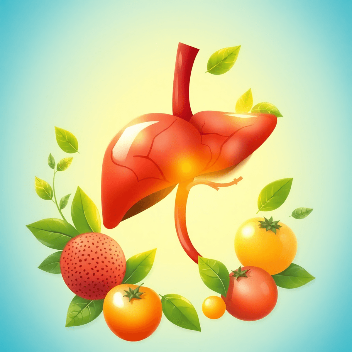 Illustration of a glowing healthy liver surrounded by green leaves and fruits on a bright background, symbolizing detoxification and fat burning.