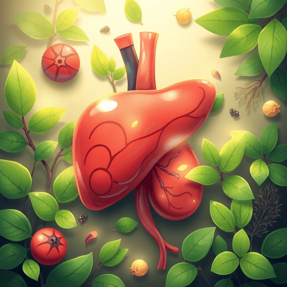 Illustration of a healthy human liver surrounded by green leaves and herbs with subtle glowing effects symbolizing detoxification and vitality.