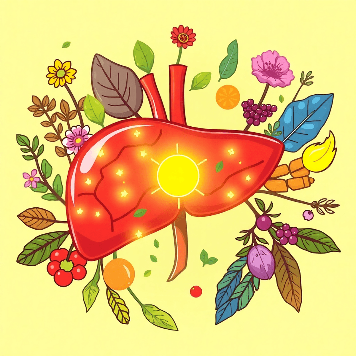 Illustration of a healthy liver surrounded by Mediterranean plants and glowing metabolism symbols on a fresh green background.
