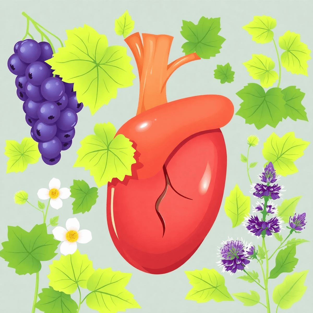 Illustration of a healthy liver surrounded by grapes, milk thistle flowers, and berberine plants with fresh green and blue tones.