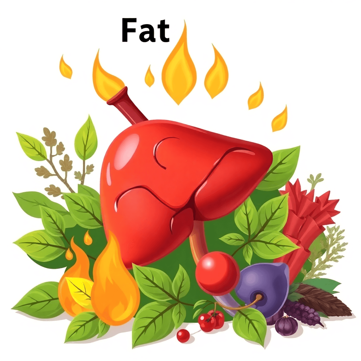 Illustration of a healthy liver surrounded by green leaves and herbs, with subtle flames symbolizing fat burning on a bright background.