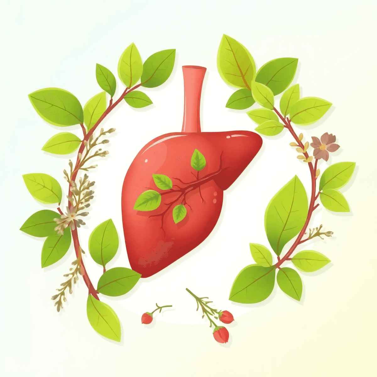 Illustration of a healthy liver surrounded by green leaves and herbs with a calming blue-green gradient background.