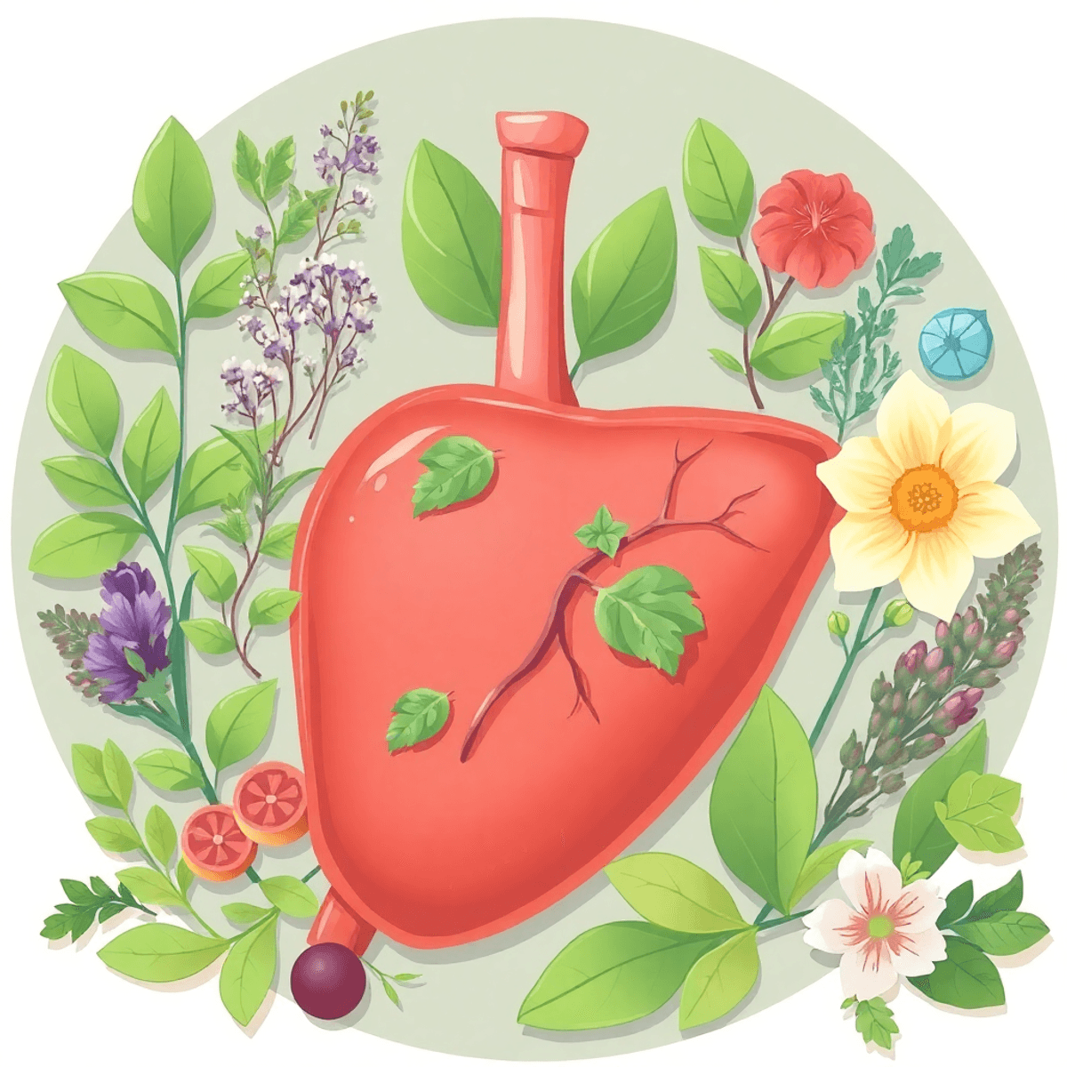 Illustration of a healthy liver surrounded by herbs and plants in soft green and blue tones, symbolizing natural liver detox and wellness.