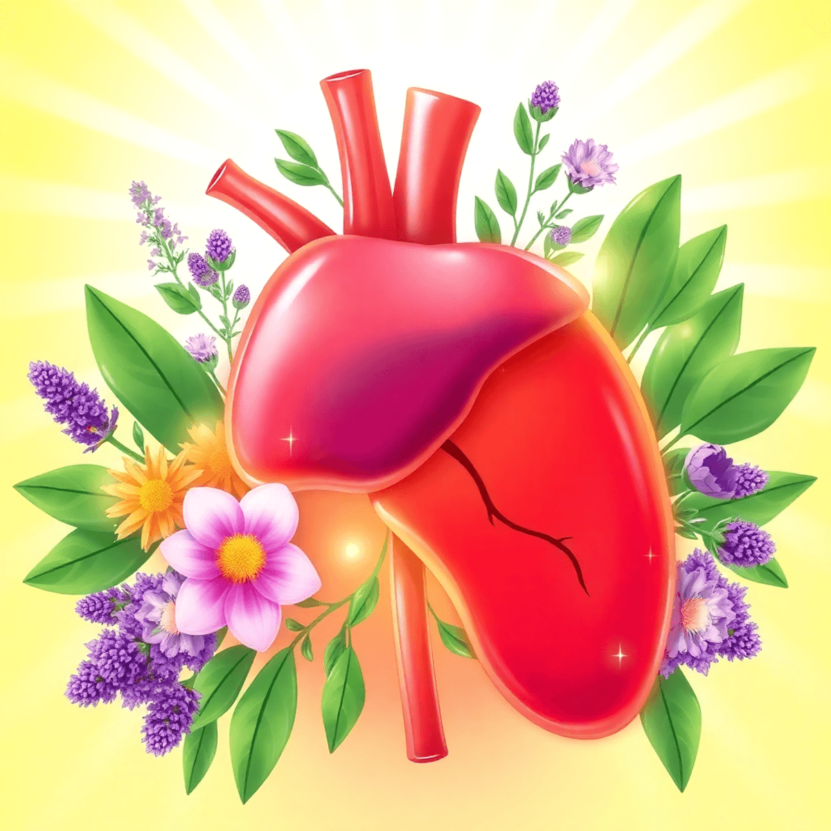 Illustration of a healthy liver surrounded by milk thistle and glowing energy lines symbolizing detox and metabolism, set against a bright background.