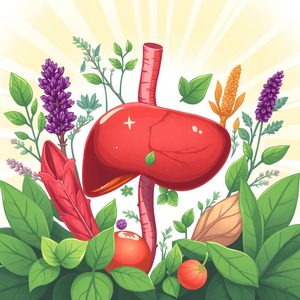 Illustration of a healthy liver with natural herbs and green leaves on a bright, uplifting background symbolizing detoxification and wellness.