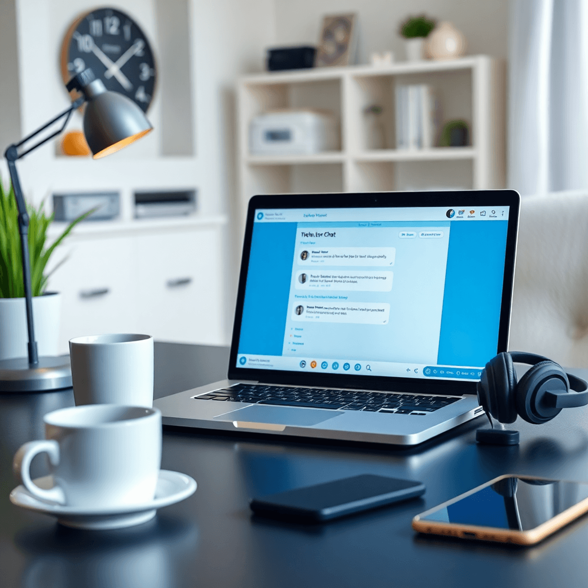 Modern home office with laptop showing live chat, coffee cup, headphones, and smartphone, illustrating flexible online customer support work.