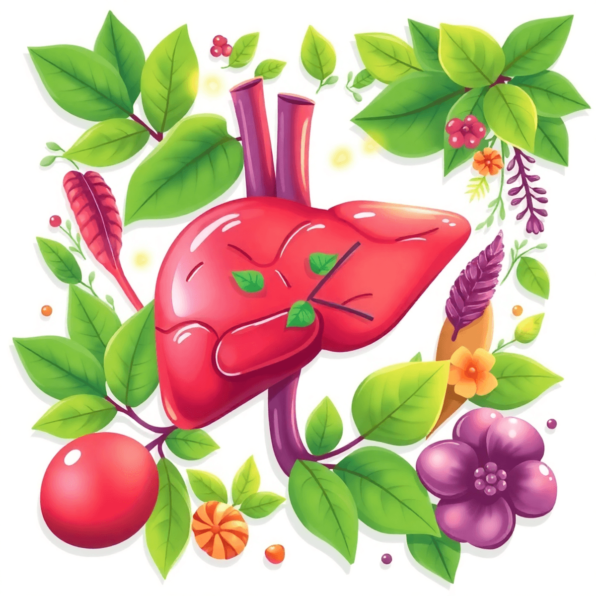 Realistic healthy liver surrounded by green leaves and herbs, glowing softly to symbolize detoxification and wellness.