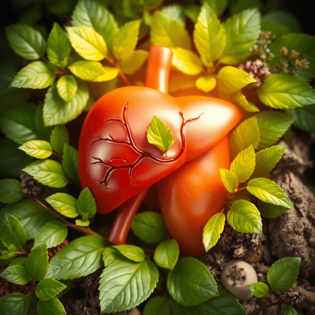 Realistic illustration of a healthy liver surrounded by green leaves and herbs with soft glowing light, symbolizing vitality and natural liver health.