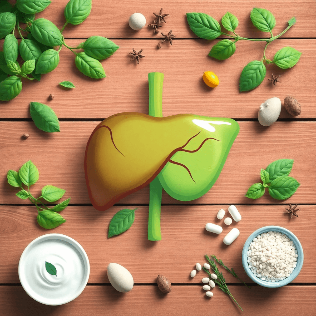 Realistic illustration of a healthy liver surrounded by natural herbs and supplements on a wooden surface with soft green and blue tones.